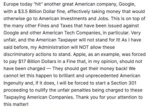 Президент Трамп раскритиковал штраф ЕС для Google и пообещал защитить американский бизнес